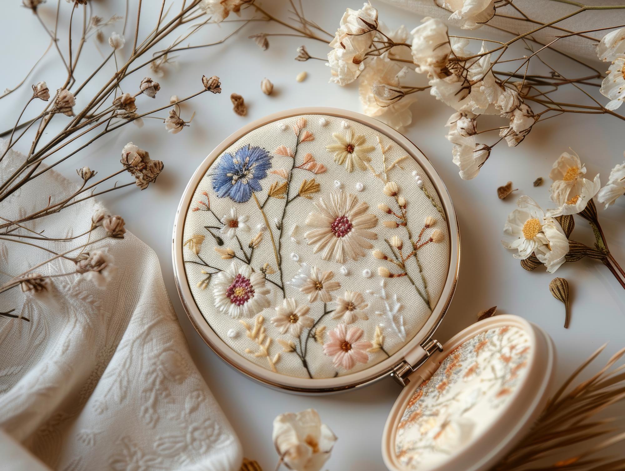 Close-up of embroidered floral hoop on pastel fabric